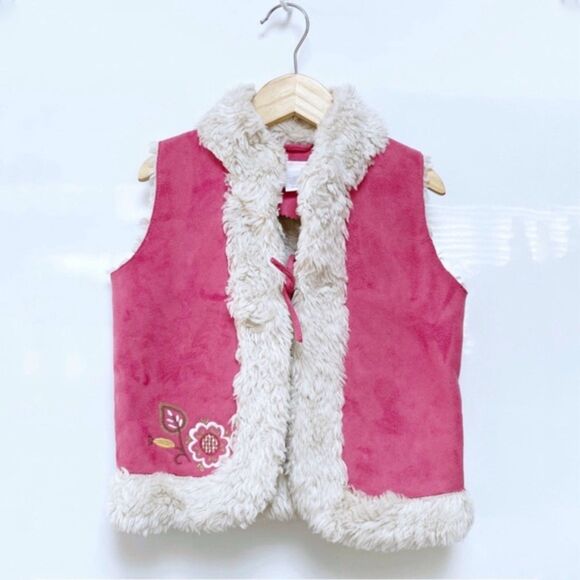 Janie & Jack Girls Sherpa Vest 2T 3T Pink Faux Suede Embroidered Winter - Picture 1 of 7